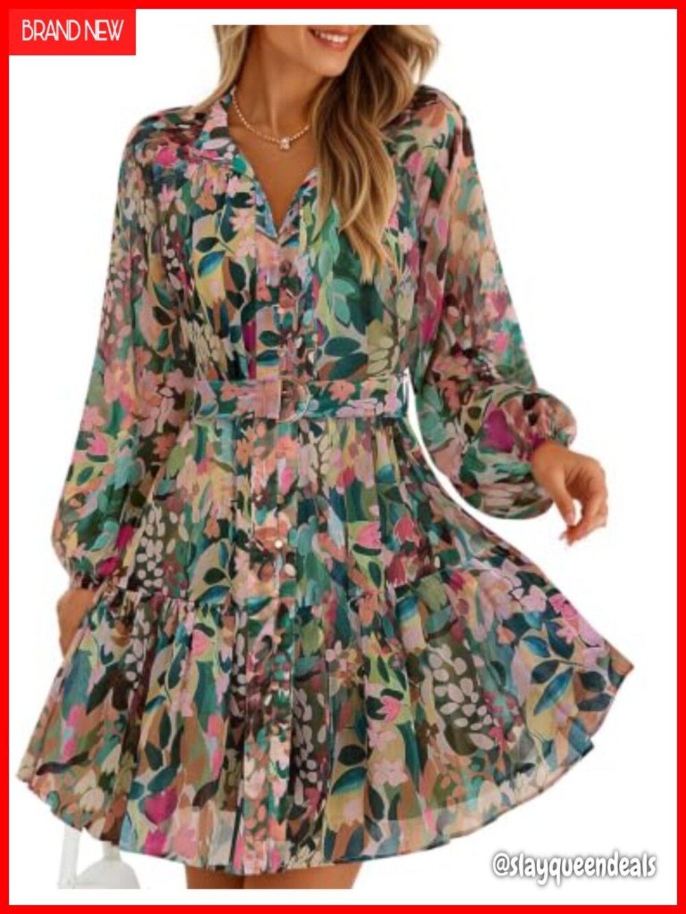 Long Sleeve Floral Mini Dress Chiffon Button Down A-Line Casual Party